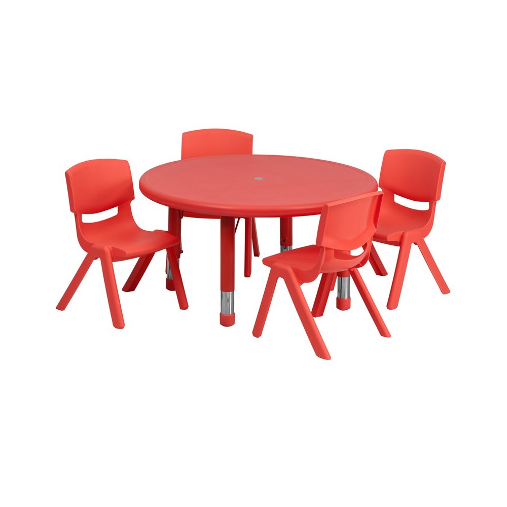 33'' Round Red Plastic Height Adjustable Activity Table Set with 4 Chairs