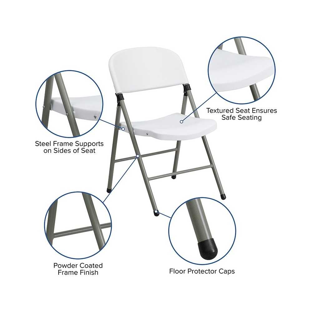 330 lb. Capacity White Plastic Folding Chair with Gray Frame