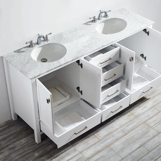 Gela 72" Double Vanity in White with Carrara White Marble Countertop without Mirror