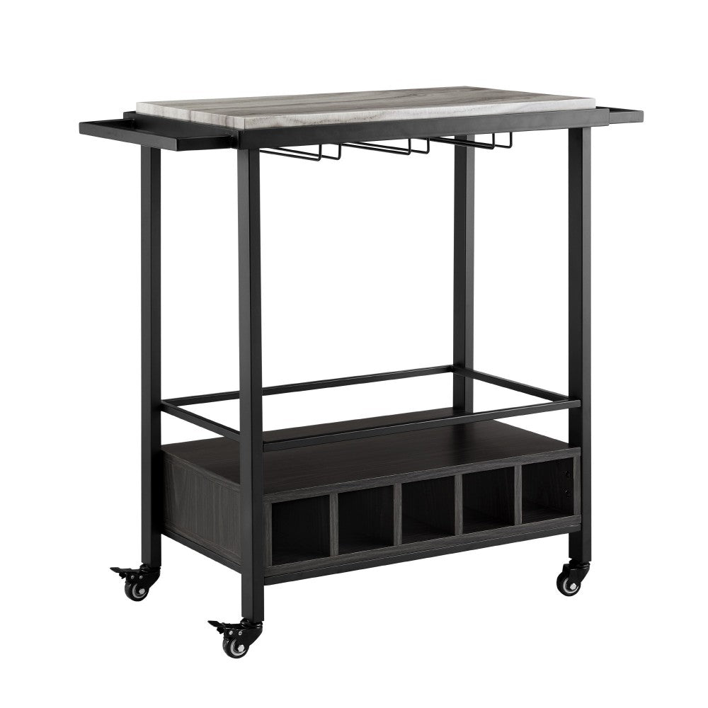 34" Modern Industrial Bar Serving Cart - Graphite/Gray Vein Cut Faux Marble