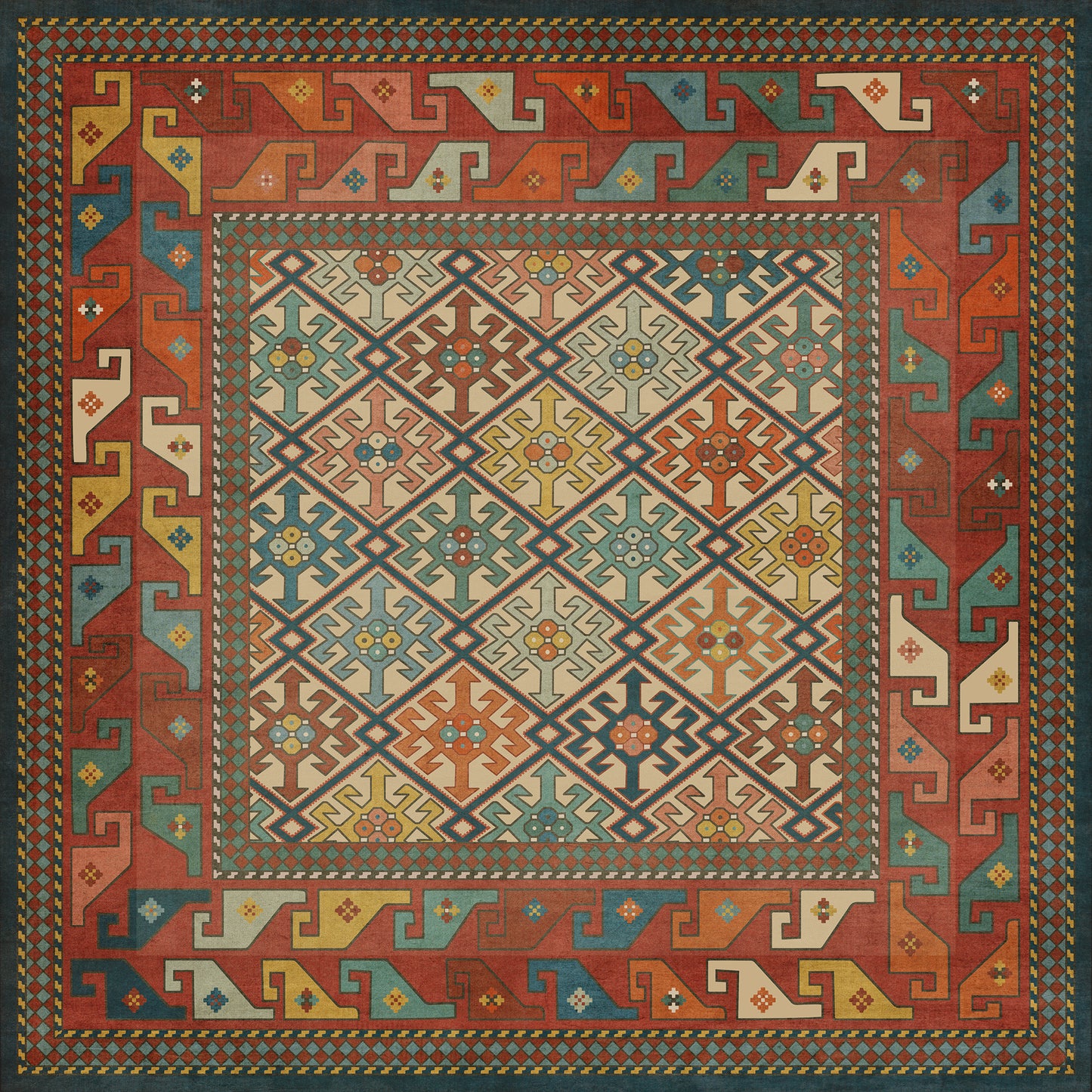 Persian Bazaar - Daghestan - Raduga 36x36 Vintage Vinyl Floorcloth