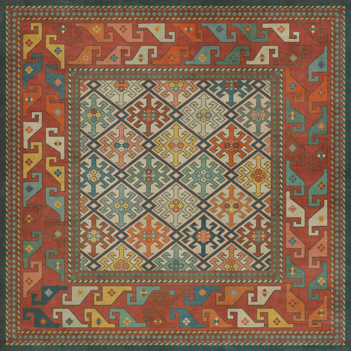 Persian Bazaar - Daghestan - Raduga 48x48 Vintage Vinyl Floorcloth