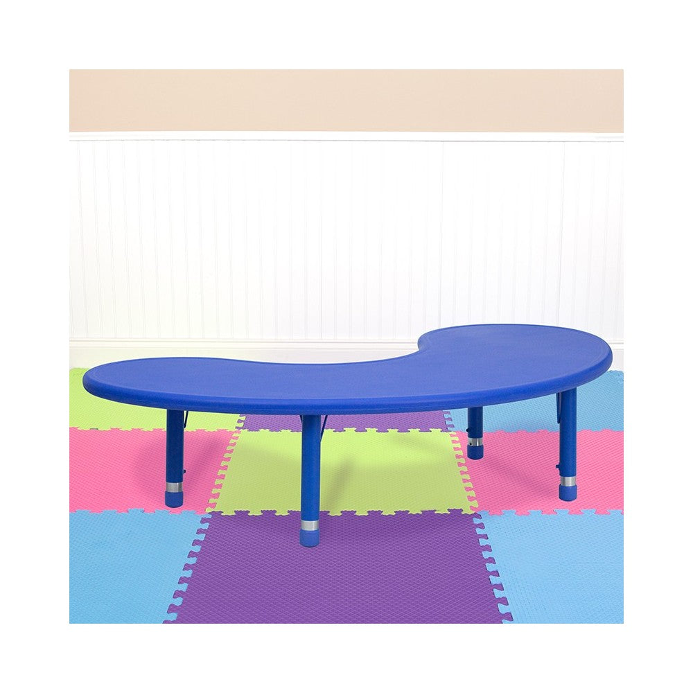 35''W x 65''L Half-Moon Blue Plastic Height Adjustable Activity Table