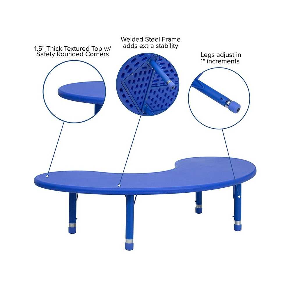 35''W x 65''L Half-Moon Blue Plastic Height Adjustable Activity Table