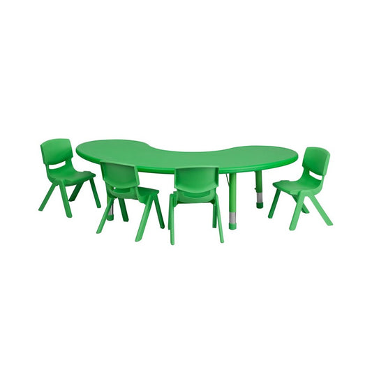 35''W x 65''L Half-Moon Green Plastic Height Adjustable Activity Table Set with 4 Chairs