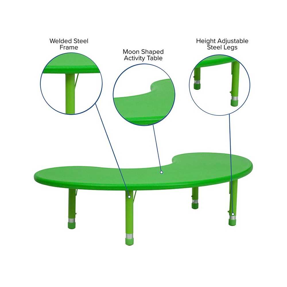 35''W x 65''L Half-Moon Green Plastic Height Adjustable Activity Table