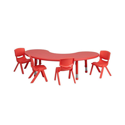 35''W x 65''L Half-Moon Red Plastic Height Adjustable Activity Table Set with 4 Chairs