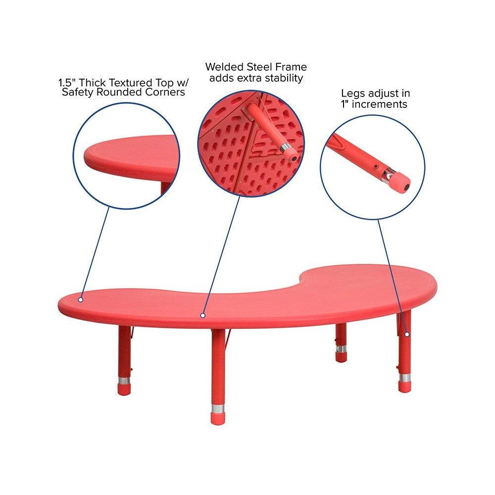 35''W x 65''L Half-Moon Red Plastic Height Adjustable Activity Table