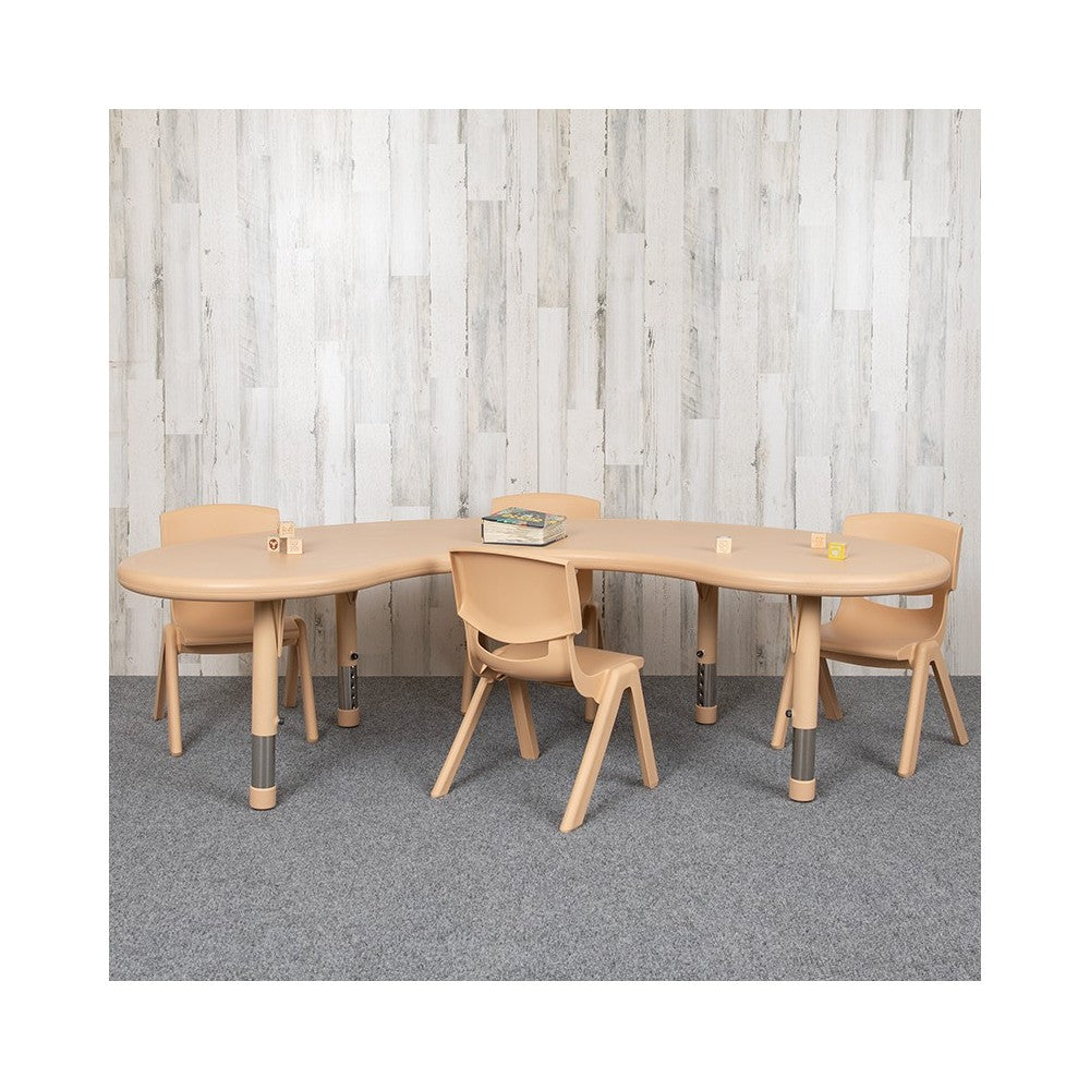 35"W x 65"L Half-Moon Natural Plastic Height Adjustable Activity Table Set with 4 Chairs