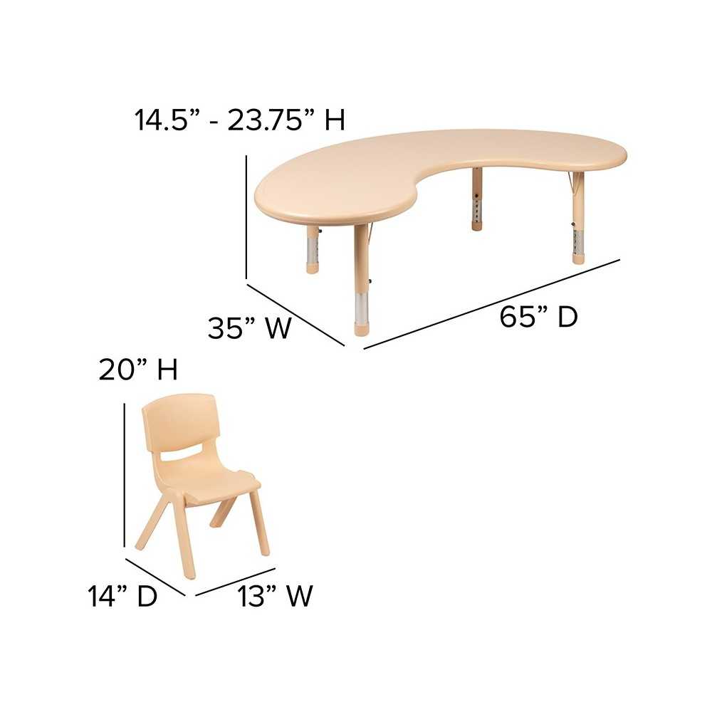 35"W x 65"L Half-Moon Natural Plastic Height Adjustable Activity Table Set with 4 Chairs