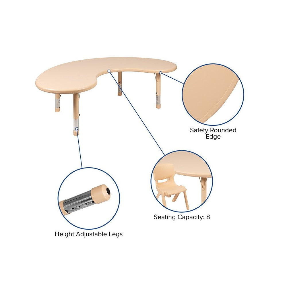 35"W x 65"L Half-Moon Natural Plastic Height Adjustable Activity Table Set with 4 Chairs