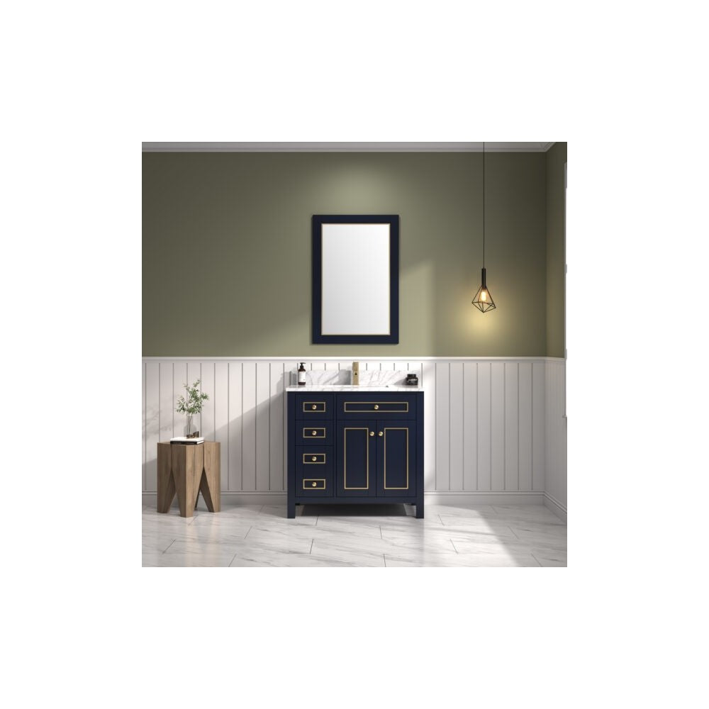 36" Blue Finish Sink Vanity Cabinet With Carrara White Top
