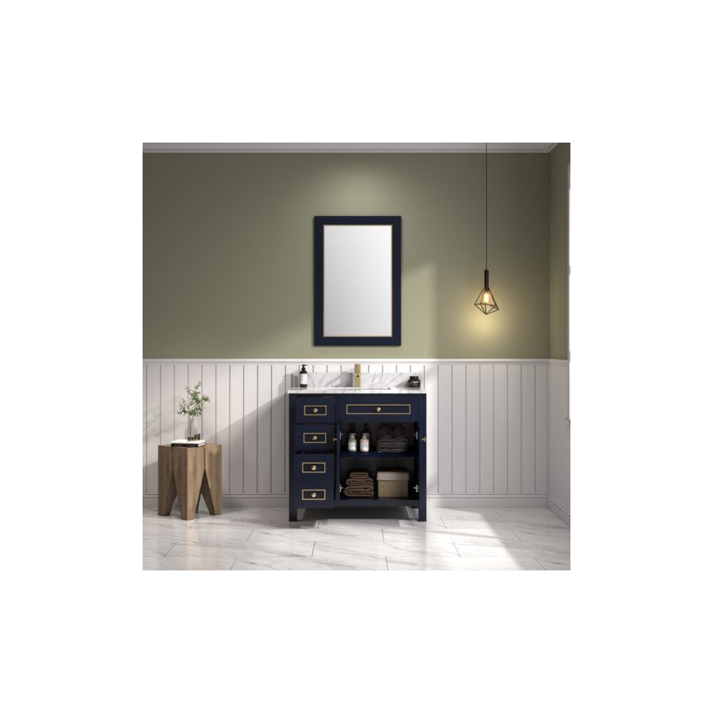 36" Blue Finish Sink Vanity Cabinet With Carrara White Top
