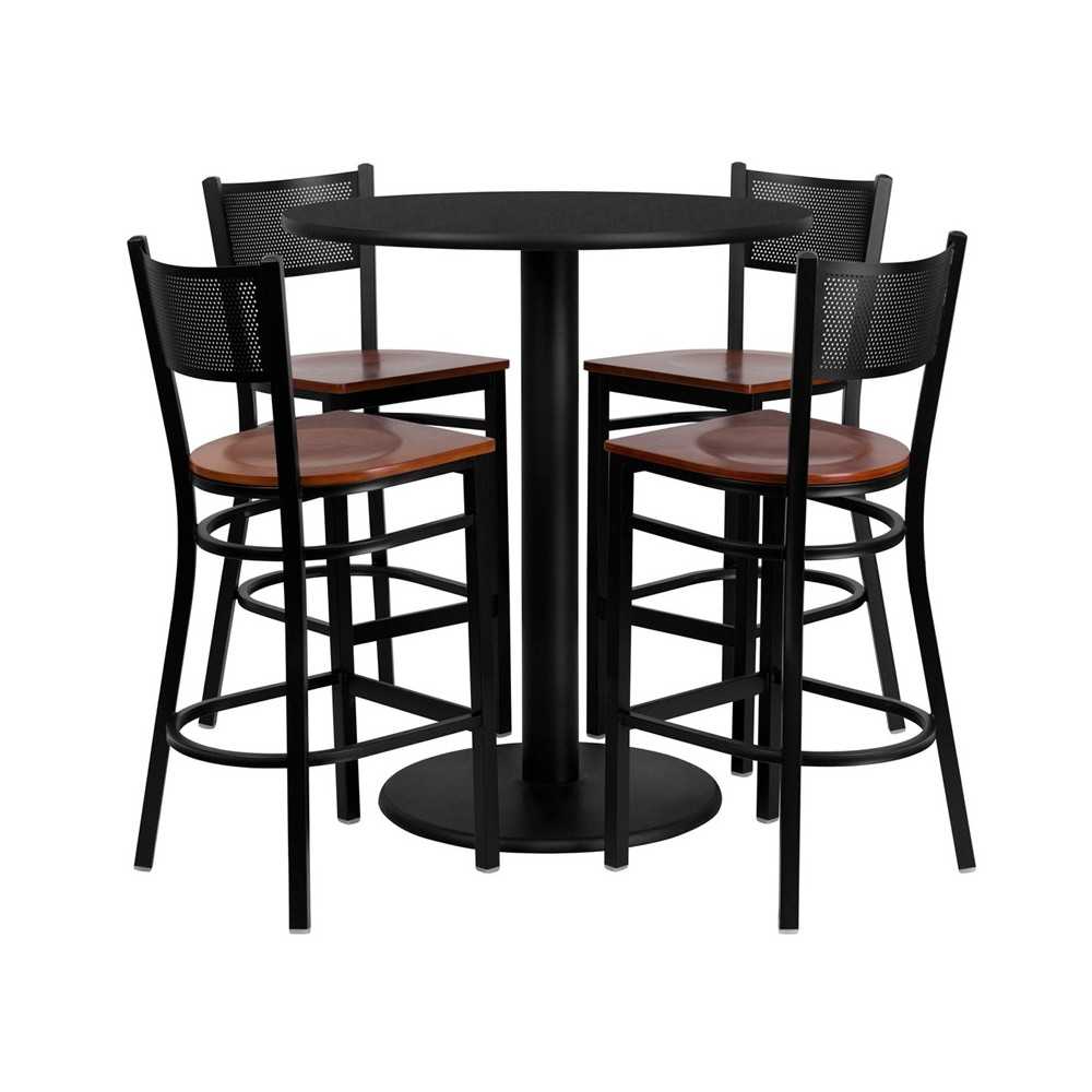 36'' Round Black Laminate Table Set with 4 Grid Back Metal Barstools - Cherry Wood Seat