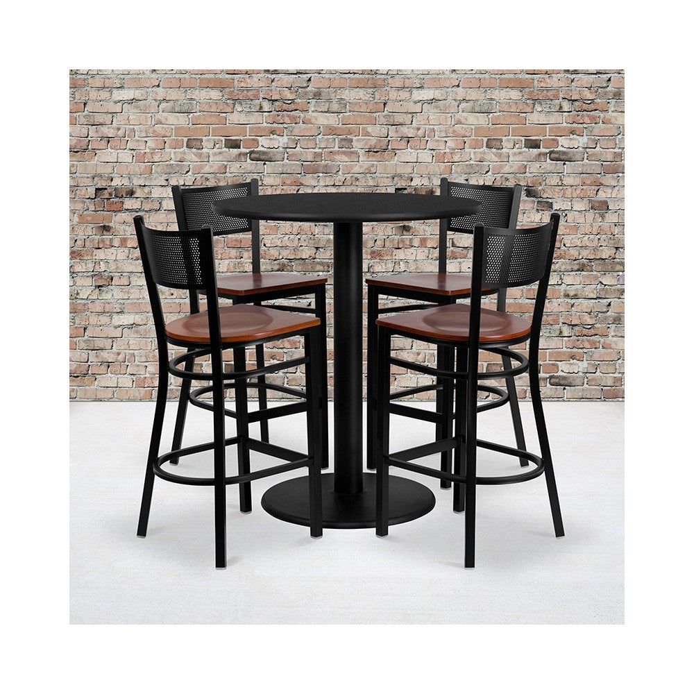 36'' Round Black Laminate Table Set with 4 Grid Back Metal Barstools - Cherry Wood Seat