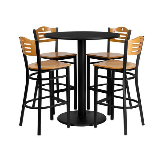 36'' Round Black Laminate Table Set with 4 Wood Slat Back Metal Barstools - Natural Wood Seat