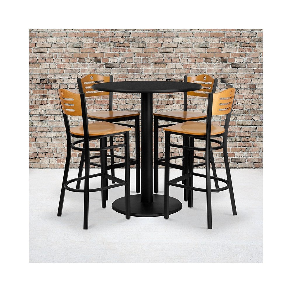 36'' Round Black Laminate Table Set with 4 Wood Slat Back Metal Barstools - Natural Wood Seat