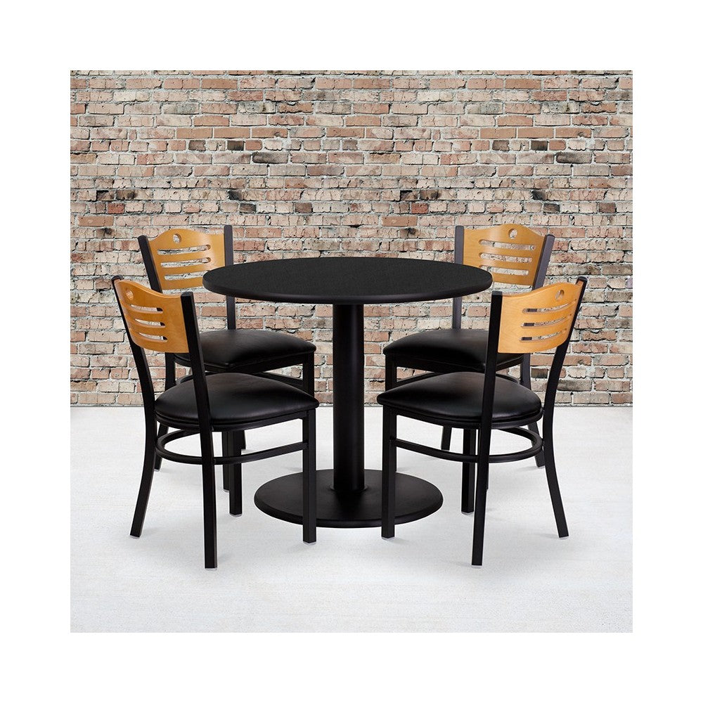 36'' Round Black Laminate Table Set with 4 Wood Slat Back Metal Chairs - Black Vinyl Seat