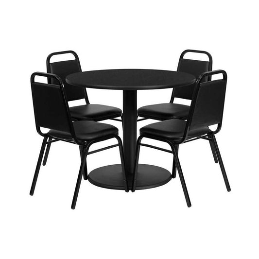 36'' Round Black Laminate Table Set with Round Base and 4 Black Trapezoidal Back Banquet Chairs