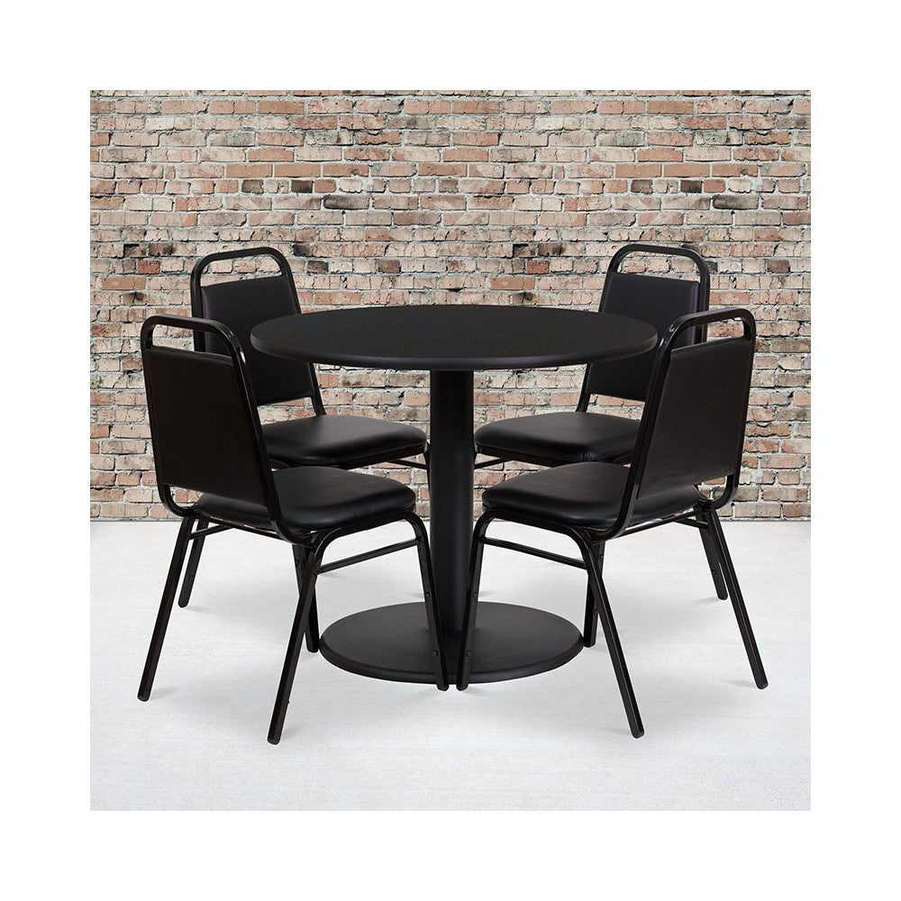 36'' Round Black Laminate Table Set with Round Base and 4 Black Trapezoidal Back Banquet Chairs