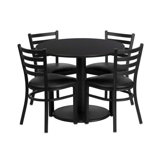 36'' Round Black Laminate Table Set with Round Base and 4 Ladder Back Metal Chairs - Black Vinyl Seat