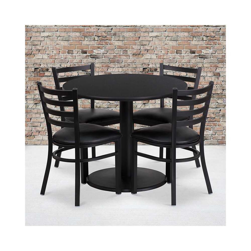 36'' Round Black Laminate Table Set with Round Base and 4 Ladder Back Metal Chairs - Black Vinyl Seat