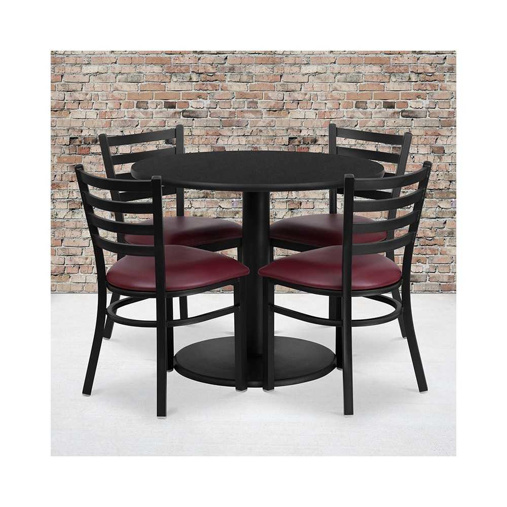 36'' Round Black Laminate Table Set with Round Base and 4 Ladder Back Metal Chairs - Burgundy Vinyl Seat