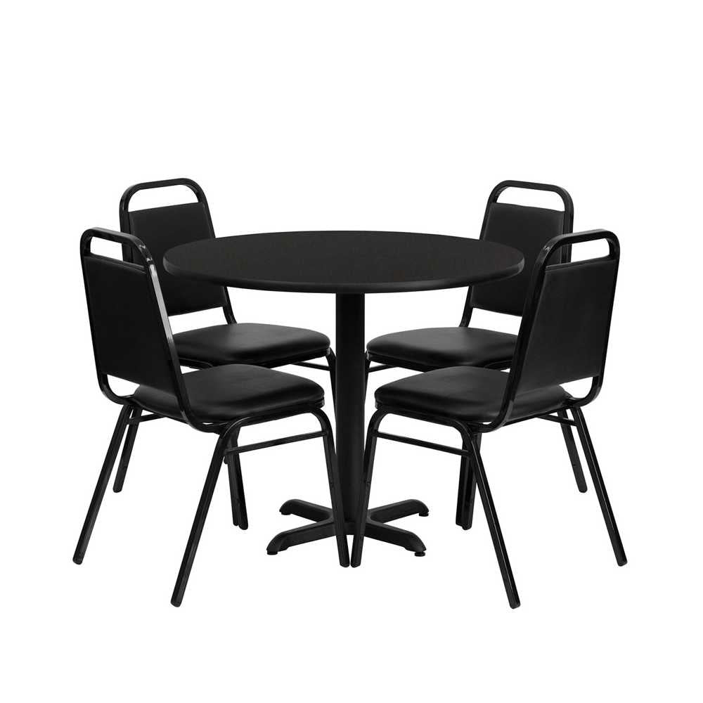 36'' Round Black Laminate Table Set with X-Base and 4 Black Trapezoidal Back Banquet Chairs