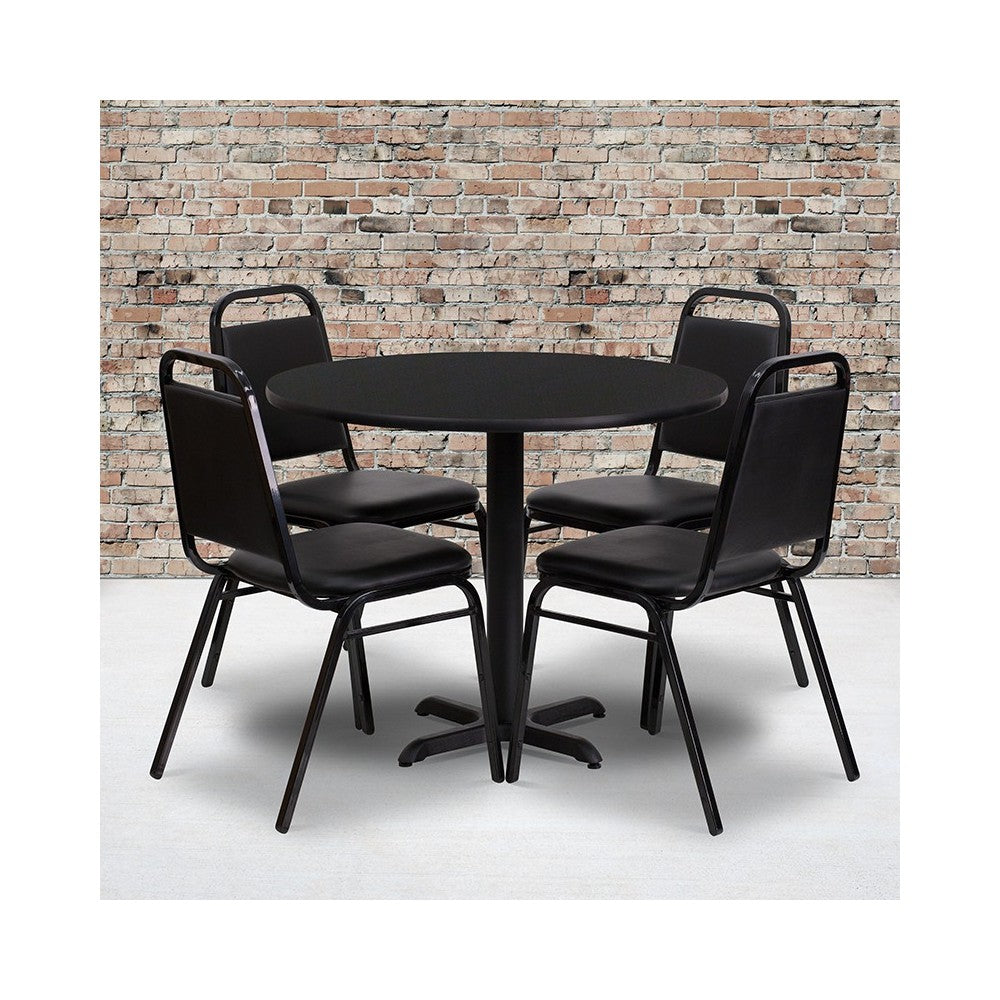 36'' Round Black Laminate Table Set with X-Base and 4 Black Trapezoidal Back Banquet Chairs