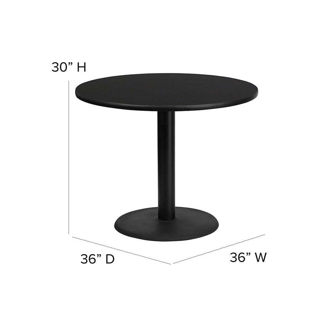 36'' Round Black Laminate Table Set with X-Base and 4 Black Trapezoidal Back Banquet Chairs