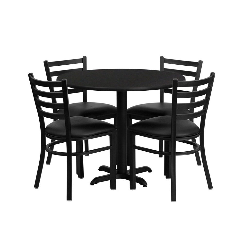 36'' Round Black Laminate Table Set with X-Base and 4 Ladder Back Metal Chairs - Black Vinyl Seat