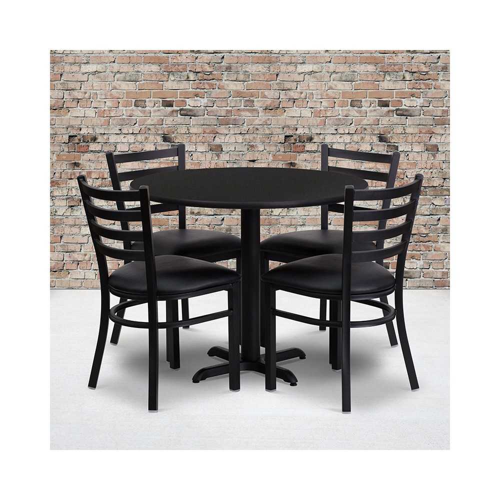 36'' Round Black Laminate Table Set with X-Base and 4 Ladder Back Metal Chairs - Black Vinyl Seat