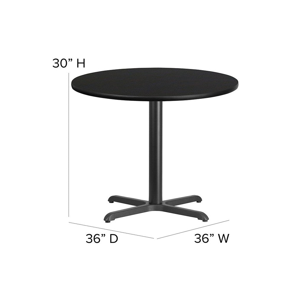 36'' Round Black Laminate Table Set with X-Base and 4 Ladder Back Metal Chairs - Black Vinyl Seat