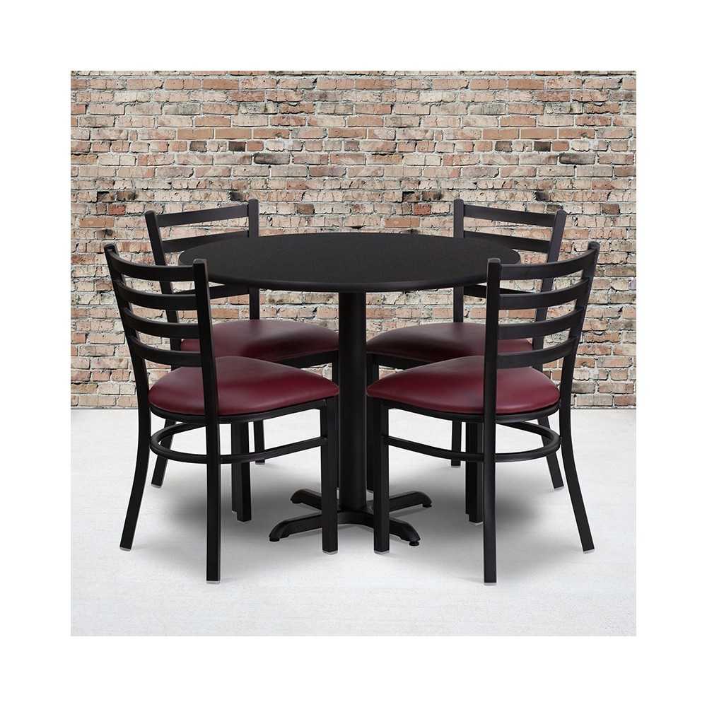 36'' Round Black Laminate Table Set with X-Base and 4 Ladder Back Metal Chairs - Burgundy Vinyl Seat