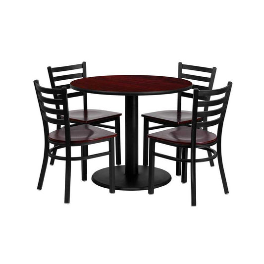 36'' Round Mahogany Laminate Table Set with 4 Ladder Back Metal Chairs - Mahogany Wood Seat