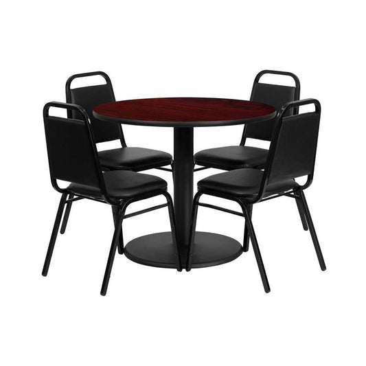 36'' Round Mahogany Laminate Table Set with Round Base and 4 Black Trapezoidal Back Banquet Chairs