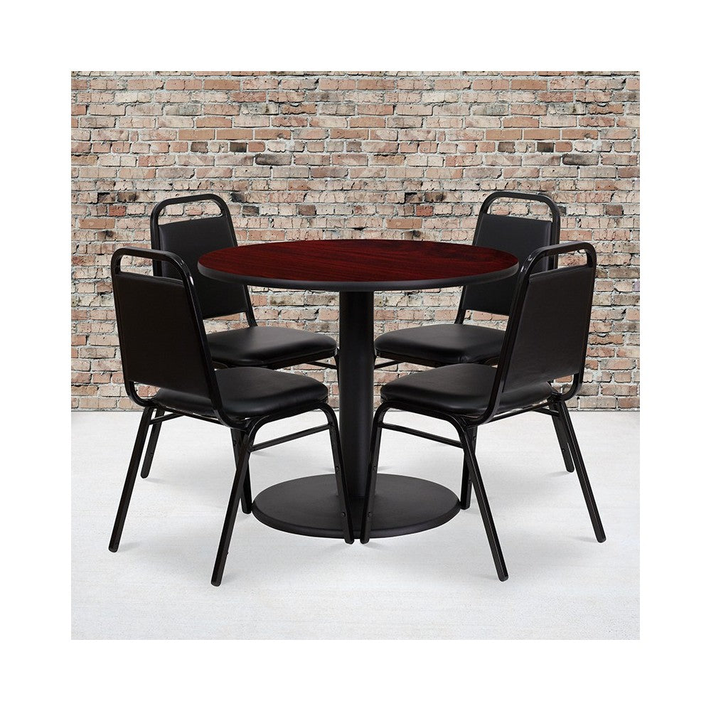 36'' Round Mahogany Laminate Table Set with Round Base and 4 Black Trapezoidal Back Banquet Chairs