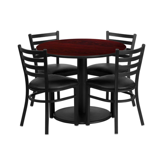 36'' Round Mahogany Laminate Table Set with Round Base and 4 Ladder Back Metal Chairs - Black Vinyl Seat