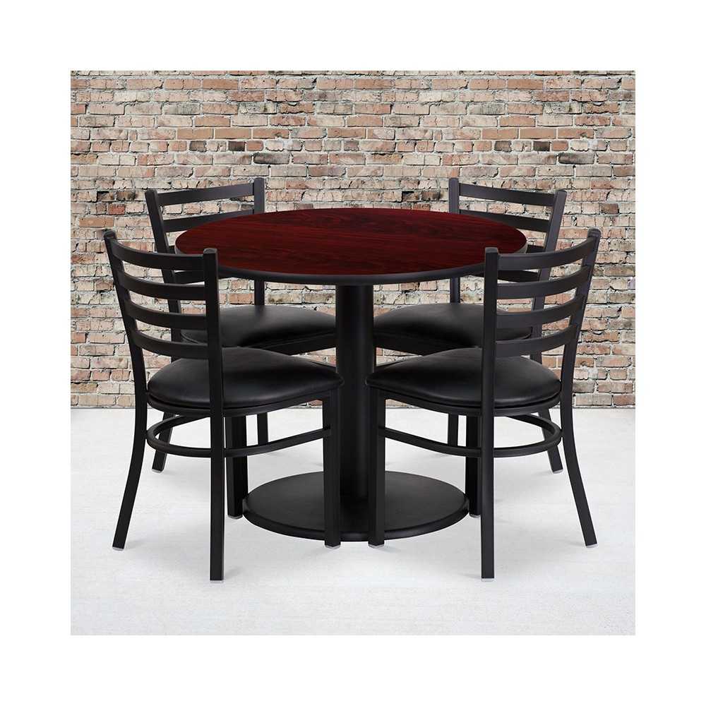 36'' Round Mahogany Laminate Table Set with Round Base and 4 Ladder Back Metal Chairs - Black Vinyl Seat