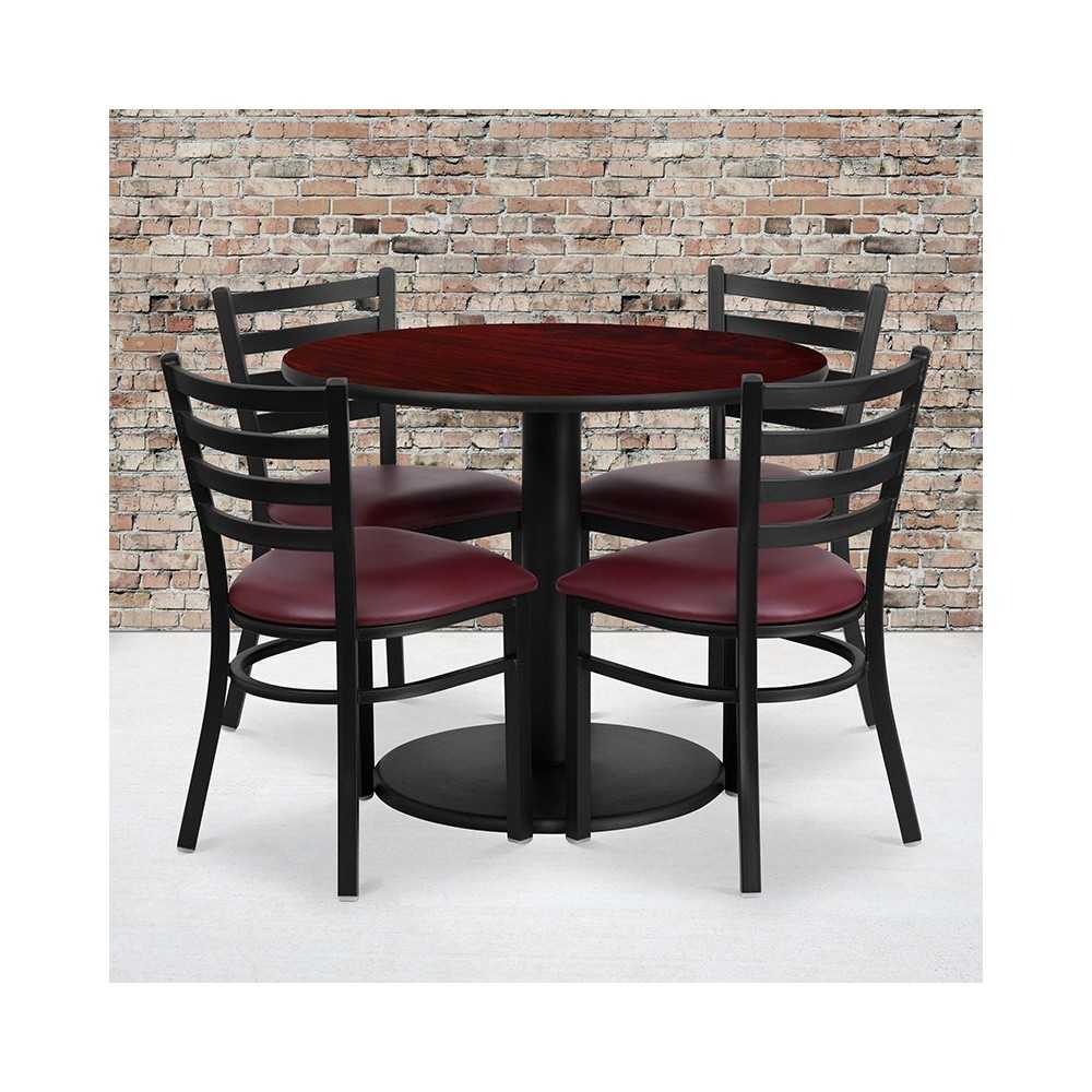 36'' Round Mahogany Laminate Table Set with Round Base and 4 Ladder Back Metal Chairs - Burgundy Vinyl Seat