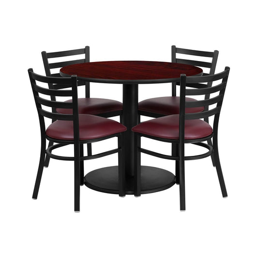 36'' Round Mahogany Laminate Table Set with Round Base and 4 Ladder Back Metal Chairs - Burgundy Vinyl Seat