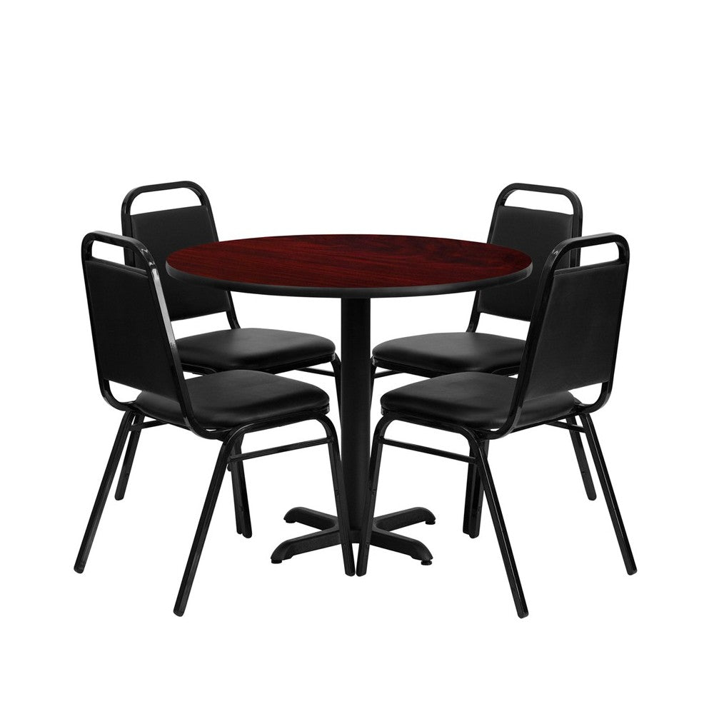 36'' Round Mahogany Laminate Table Set with X-Base and 4 Black Trapezoidal Back Banquet Chairs