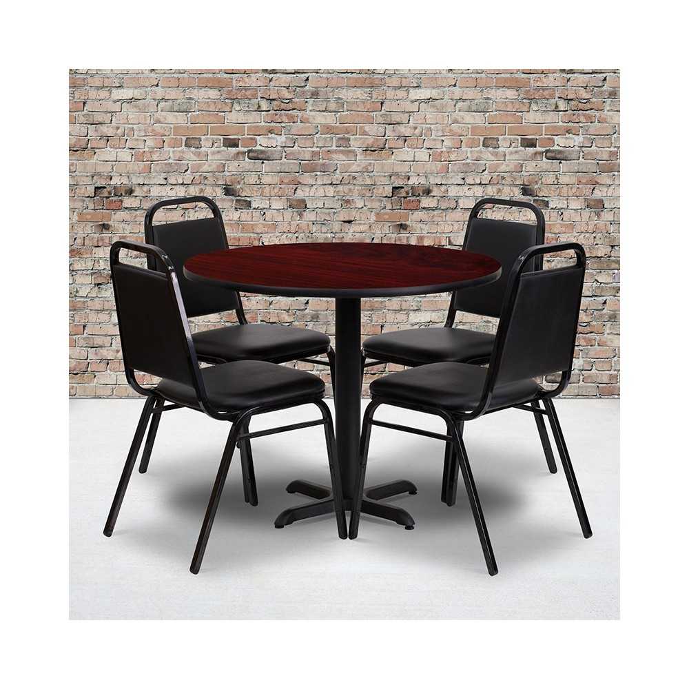 36'' Round Mahogany Laminate Table Set with X-Base and 4 Black Trapezoidal Back Banquet Chairs