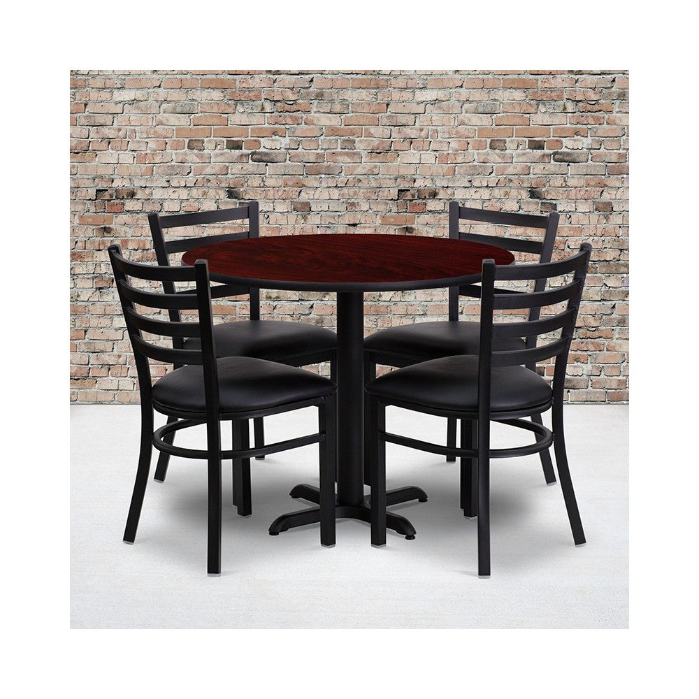 36'' Round Mahogany Laminate Table Set with X-Base and 4 Ladder Back Metal Chairs - Black Vinyl Seat