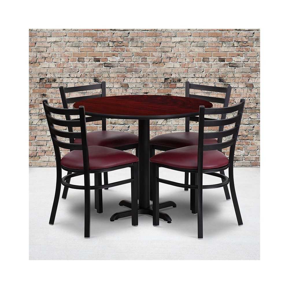 36'' Round Mahogany Laminate Table Set with X-Base and 4 Ladder Back Metal Chairs - Burgundy Vinyl Seat