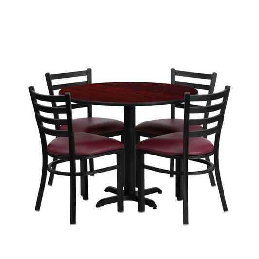 36'' Round Mahogany Laminate Table Set with X-Base and 4 Ladder Back Metal Chairs - Burgundy Vinyl Seat