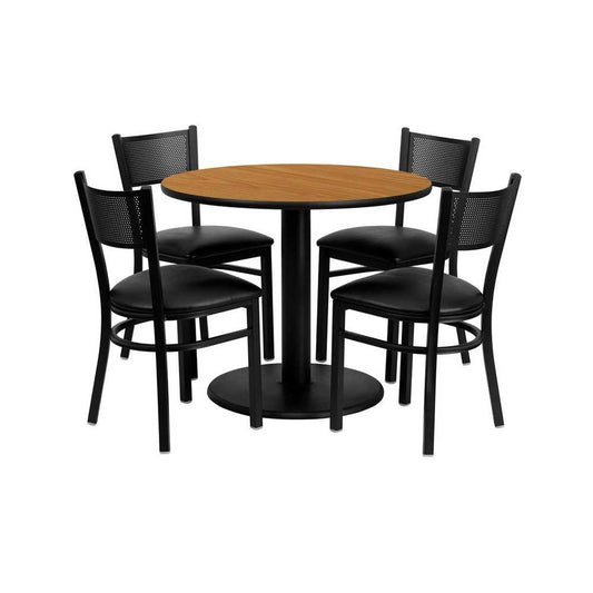 36'' Round Natural Laminate Table Set with 4 Grid Back Metal Chairs - Black Vinyl Seat