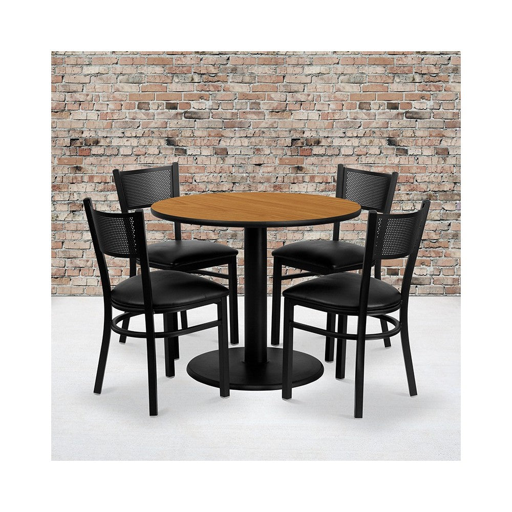 36'' Round Natural Laminate Table Set with 4 Grid Back Metal Chairs - Black Vinyl Seat