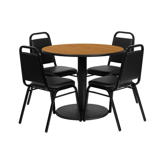 36'' Round Natural Laminate Table Set with Round Base and 4 Black Trapezoidal Back Banquet Chairs