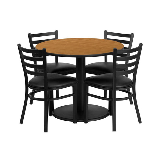 36'' Round Natural Laminate Table Set with Round Base and 4 Ladder Back Metal Chairs - Black Vinyl Seat